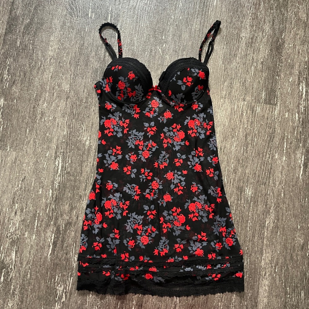 Marilyn Monroe Black Red Floral Sheer Lace Trim Babydoll‎ Chemise Lingerie S